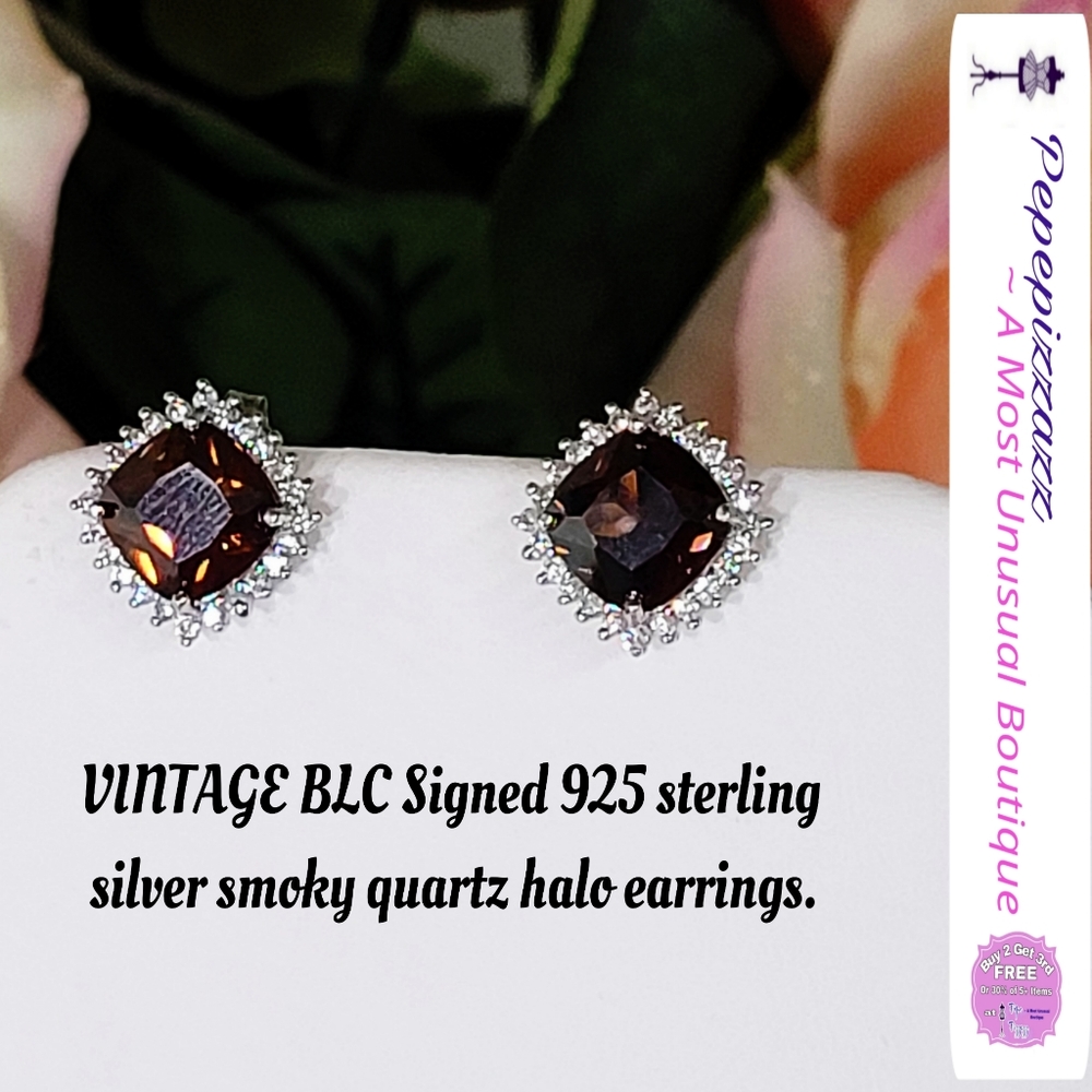 VINTAGE BLC Signed 925 sterling silver smoky quartz halo earrings. 😍